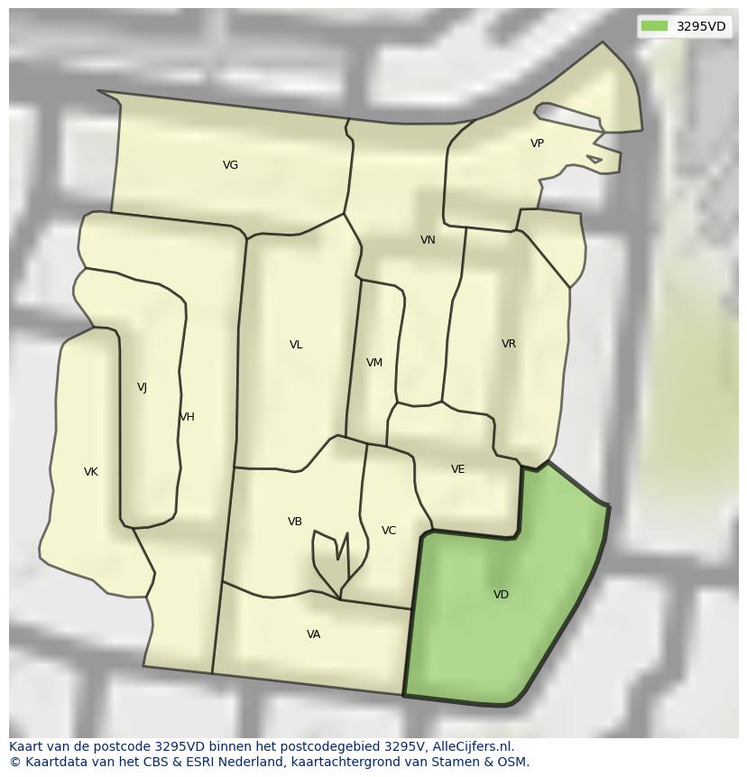 Afbeelding van het postcodegebied 3295 VD op de kaart.