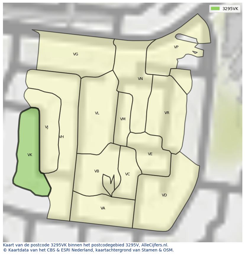 Afbeelding van het postcodegebied 3295 VK op de kaart.