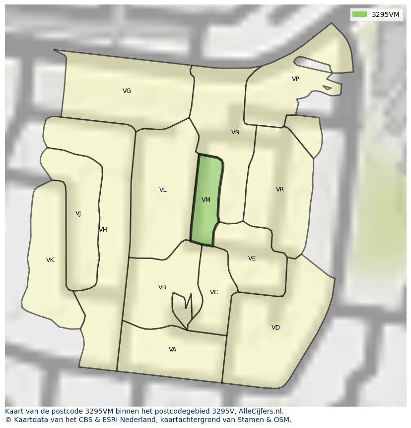 Afbeelding van het postcodegebied 3295 VM op de kaart.