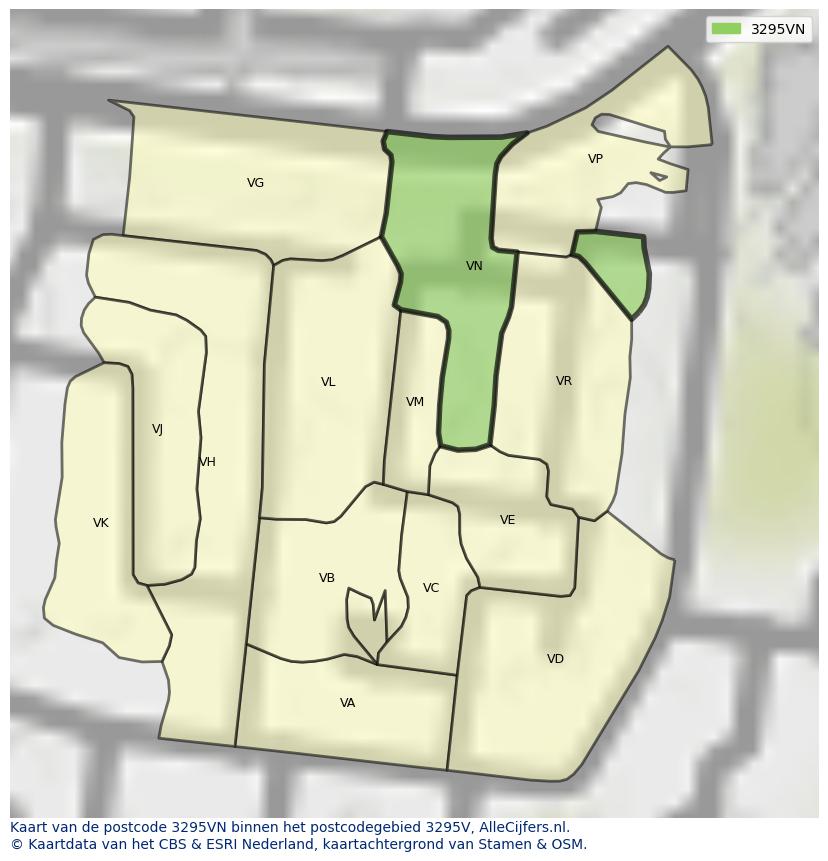 Afbeelding van het postcodegebied 3295 VN op de kaart.