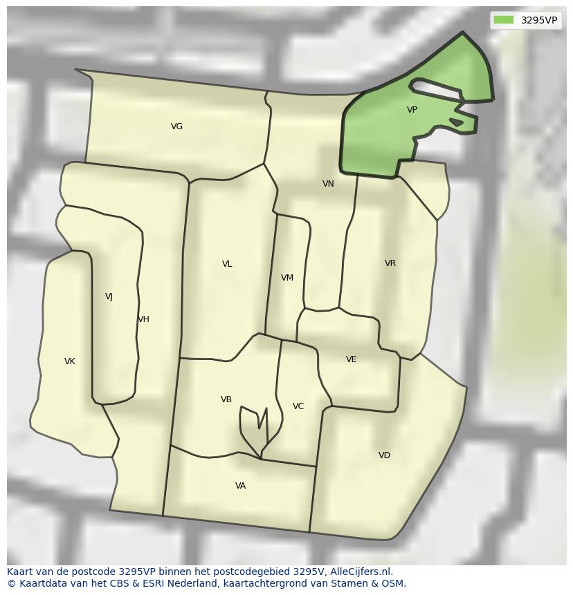 Afbeelding van het postcodegebied 3295 VP op de kaart.