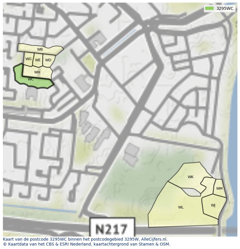 Afbeelding van het postcodegebied 3295 WC op de kaart.