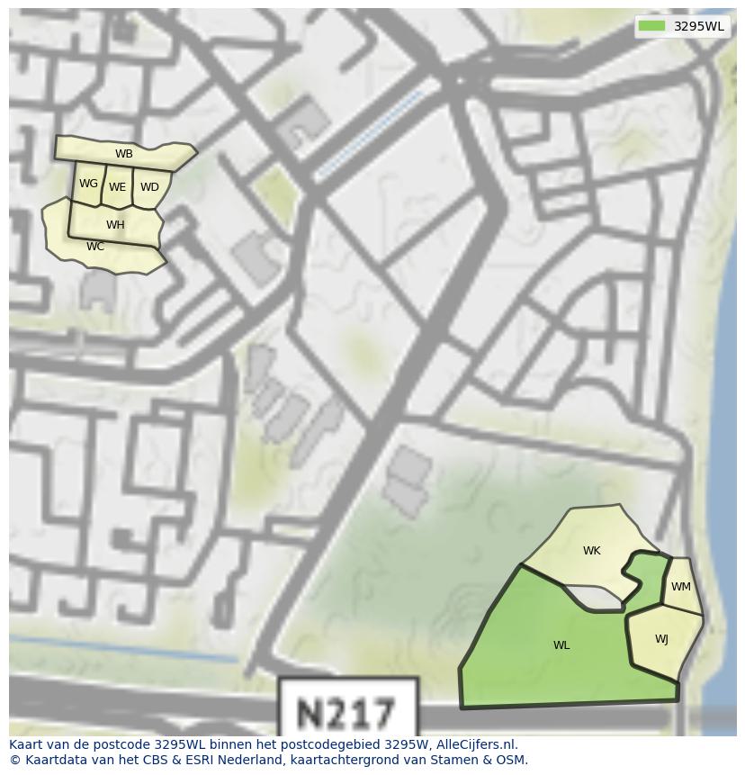Afbeelding van het postcodegebied 3295 WL op de kaart.