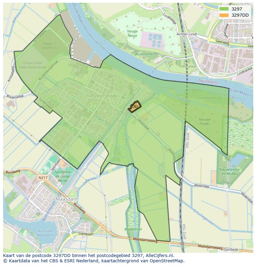 Afbeelding van het postcodegebied 3297 DD op de kaart.