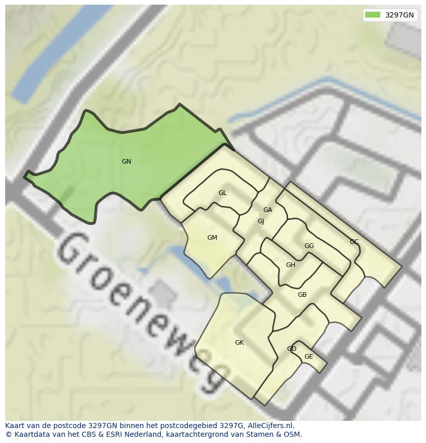 Afbeelding van het postcodegebied 3297 GN op de kaart.