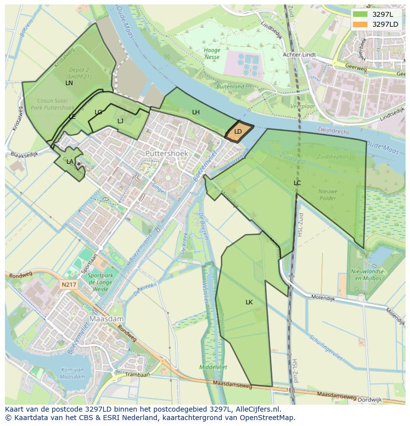 Afbeelding van het postcodegebied 3297 LD op de kaart.