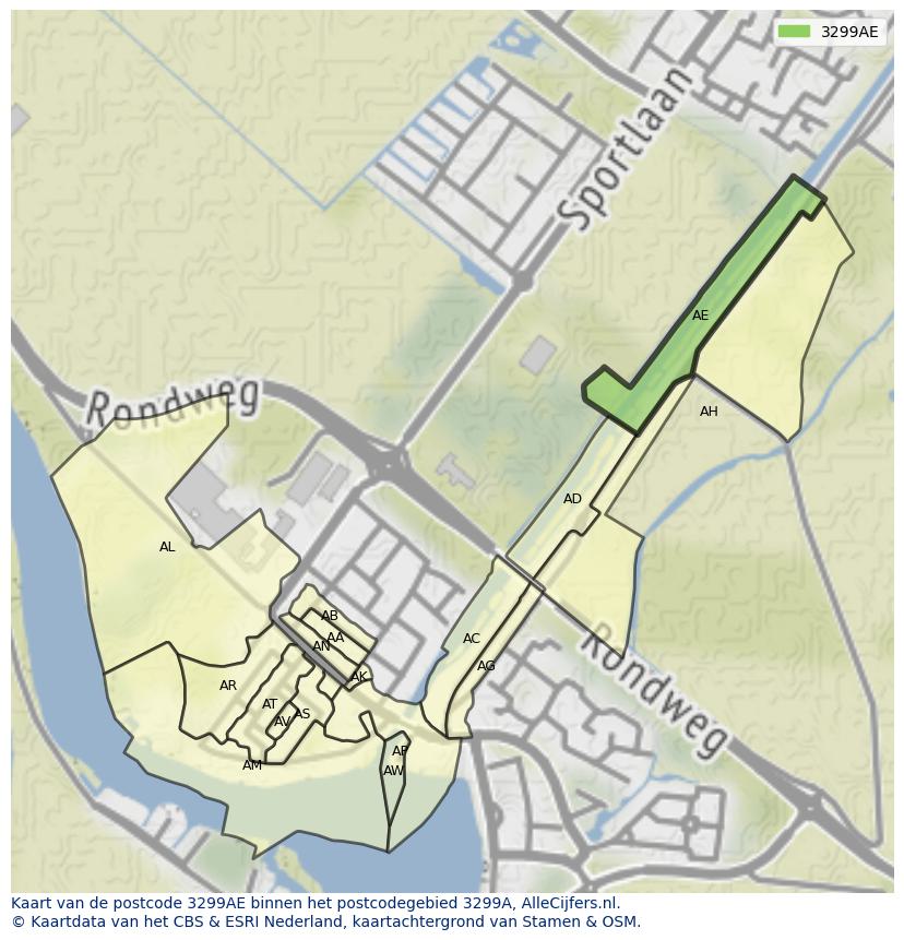Afbeelding van het postcodegebied 3299 AE op de kaart.