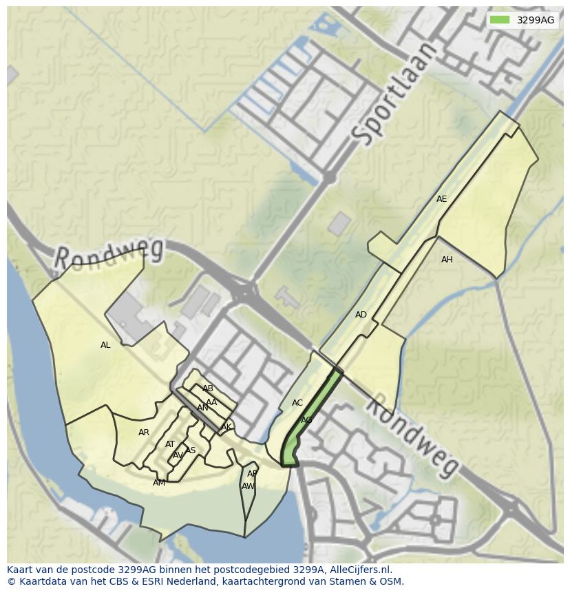 Afbeelding van het postcodegebied 3299 AG op de kaart.
