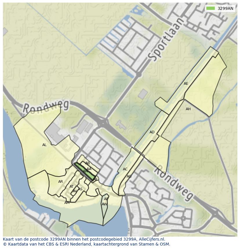 Afbeelding van het postcodegebied 3299 AN op de kaart.