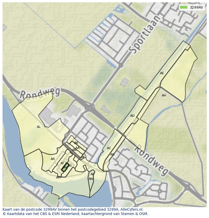 Afbeelding van het postcodegebied 3299 AV op de kaart.