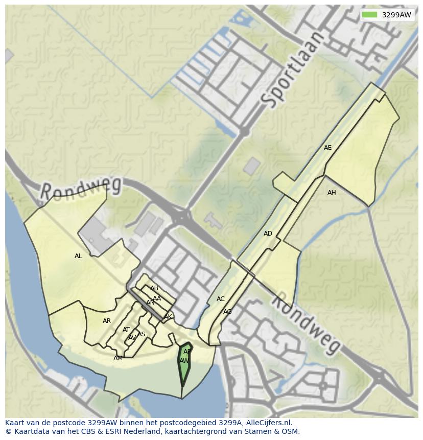 Afbeelding van het postcodegebied 3299 AW op de kaart.