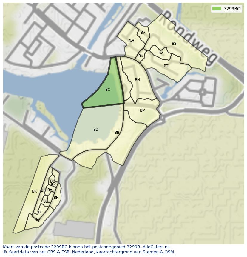 Afbeelding van het postcodegebied 3299 BC op de kaart.
