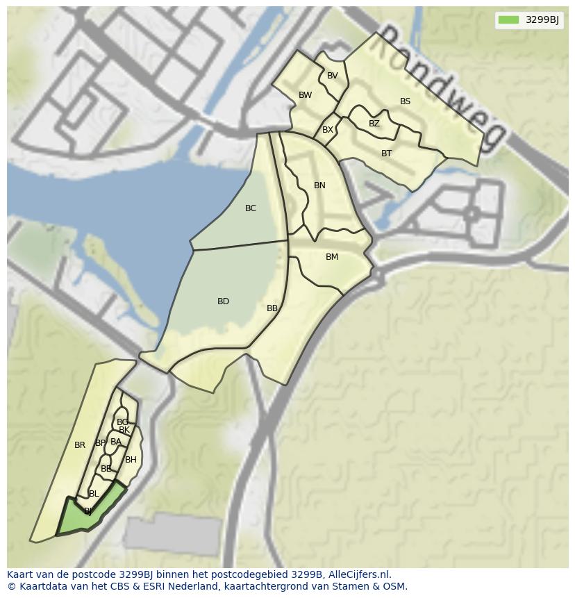 Afbeelding van het postcodegebied 3299 BJ op de kaart.
