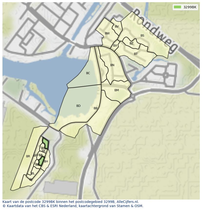 Afbeelding van het postcodegebied 3299 BK op de kaart.