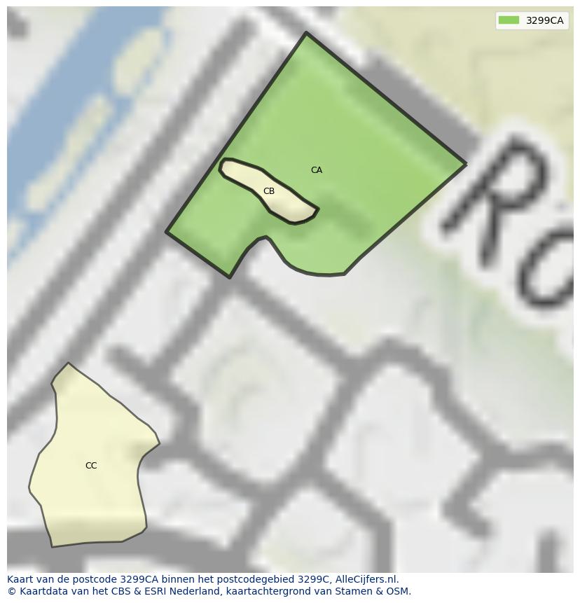 Afbeelding van het postcodegebied 3299 CA op de kaart.