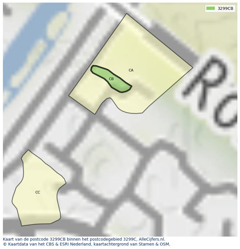 Afbeelding van het postcodegebied 3299 CB op de kaart.