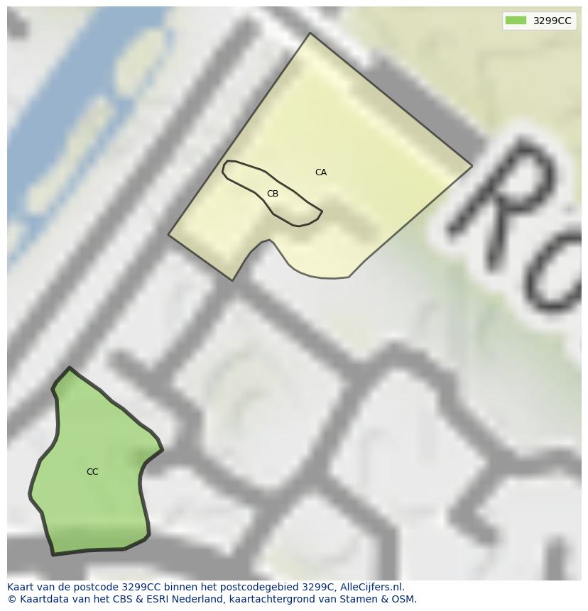 Afbeelding van het postcodegebied 3299 CC op de kaart.