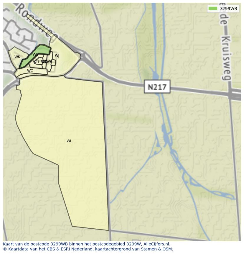 Afbeelding van het postcodegebied 3299 WB op de kaart.