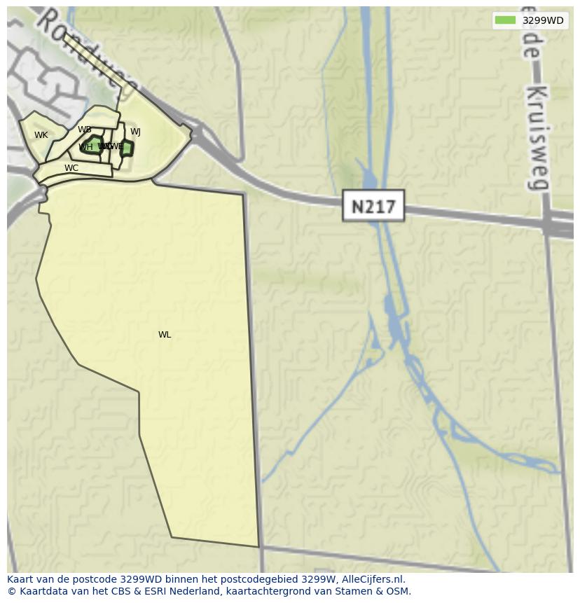 Afbeelding van het postcodegebied 3299 WD op de kaart.