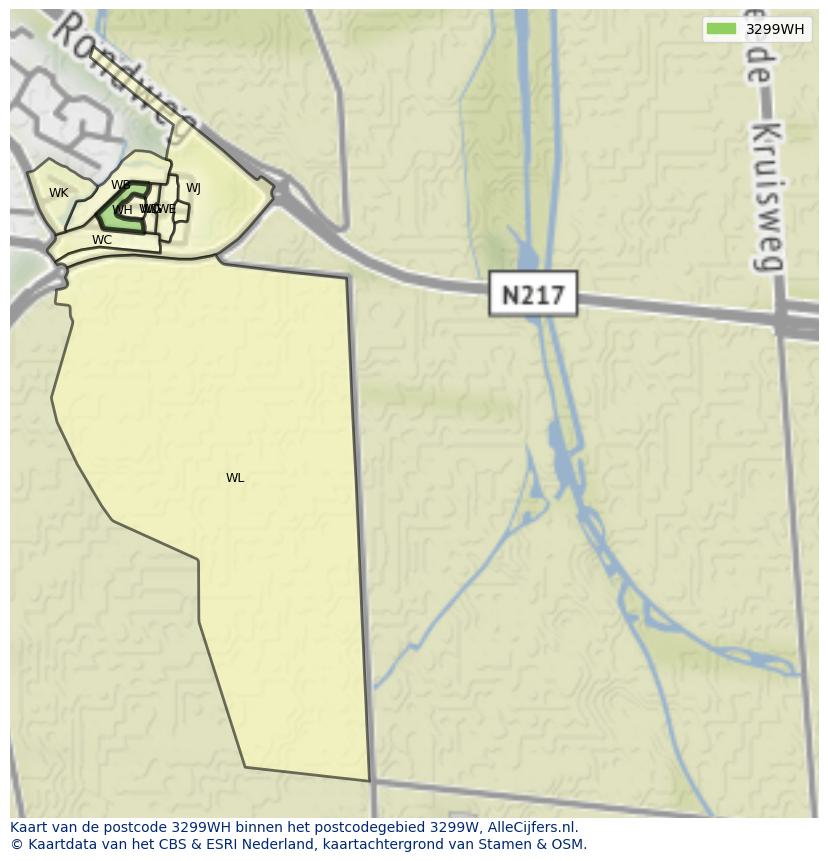 Afbeelding van het postcodegebied 3299 WH op de kaart.