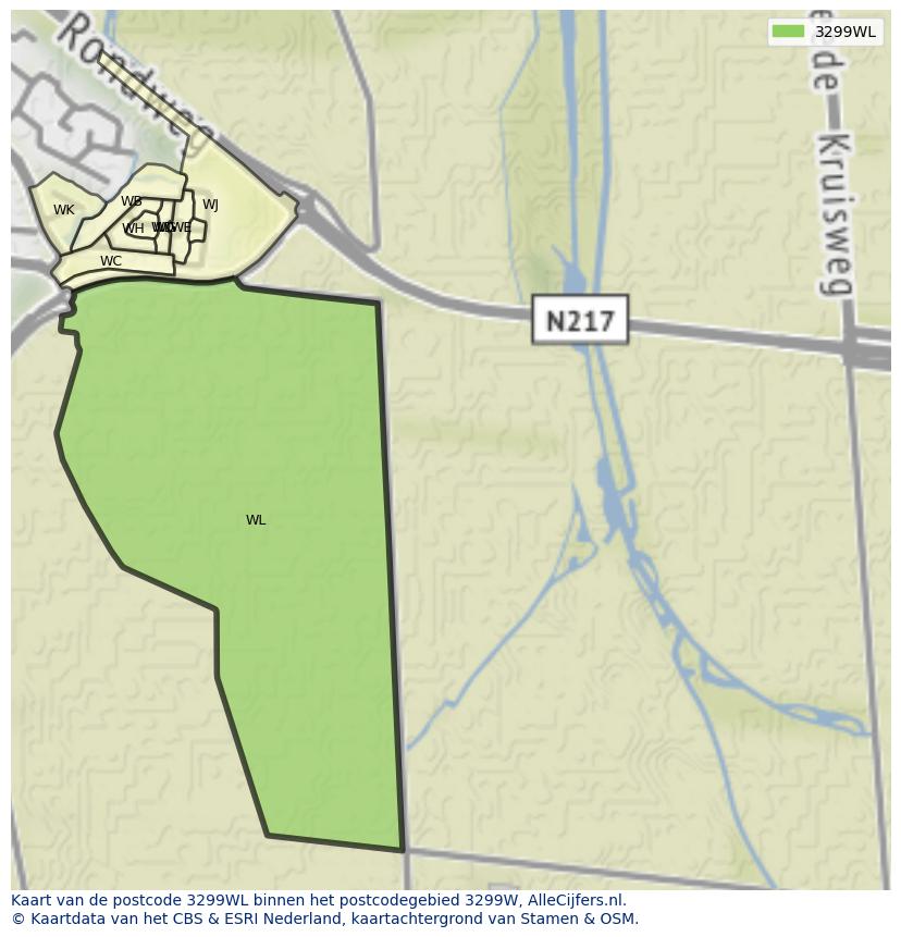 Afbeelding van het postcodegebied 3299 WL op de kaart.