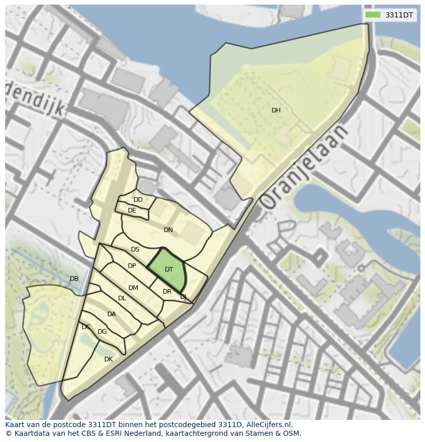 Afbeelding van het postcodegebied 3311 DT op de kaart.