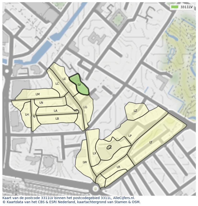Afbeelding van het postcodegebied 3311 LV op de kaart.