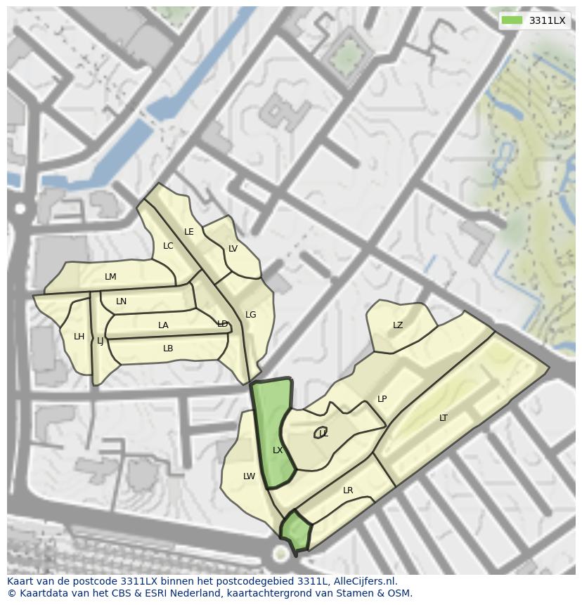 Afbeelding van het postcodegebied 3311 LX op de kaart.