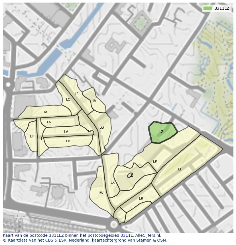 Afbeelding van het postcodegebied 3311 LZ op de kaart.