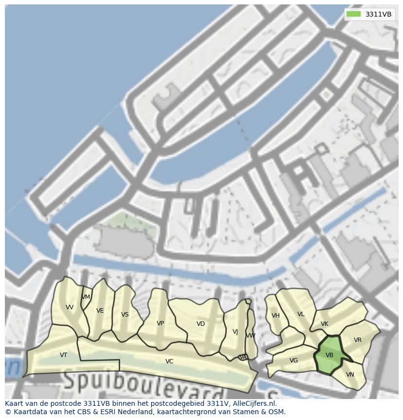 Afbeelding van het postcodegebied 3311 VB op de kaart.