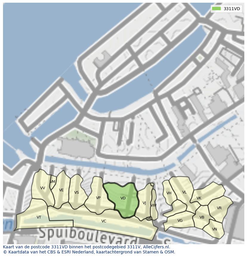 Afbeelding van het postcodegebied 3311 VD op de kaart.