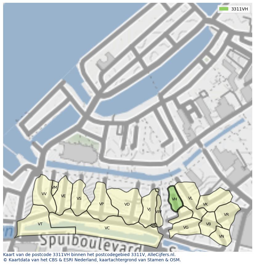 Afbeelding van het postcodegebied 3311 VH op de kaart.