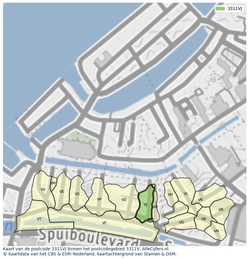Afbeelding van het postcodegebied 3311 VJ op de kaart.