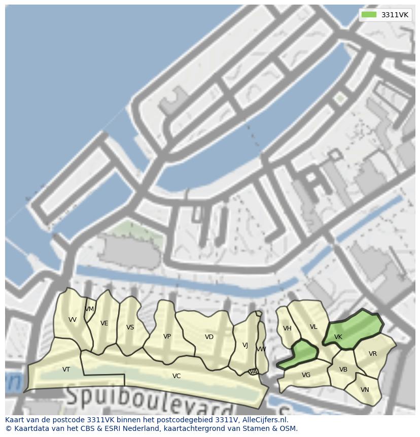 Afbeelding van het postcodegebied 3311 VK op de kaart.