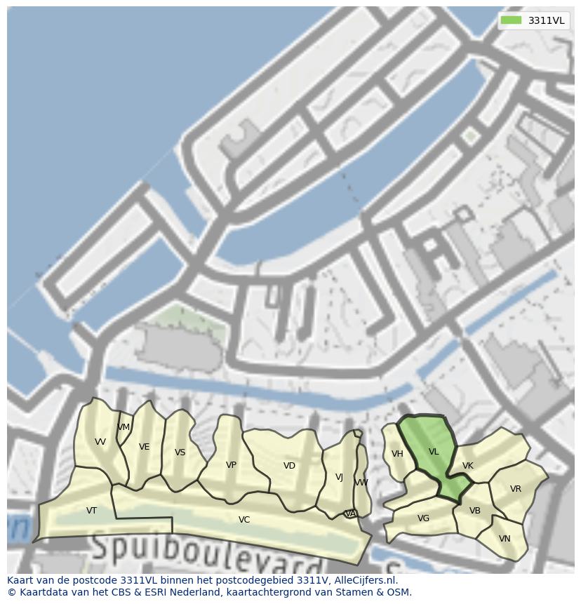 Afbeelding van het postcodegebied 3311 VL op de kaart.