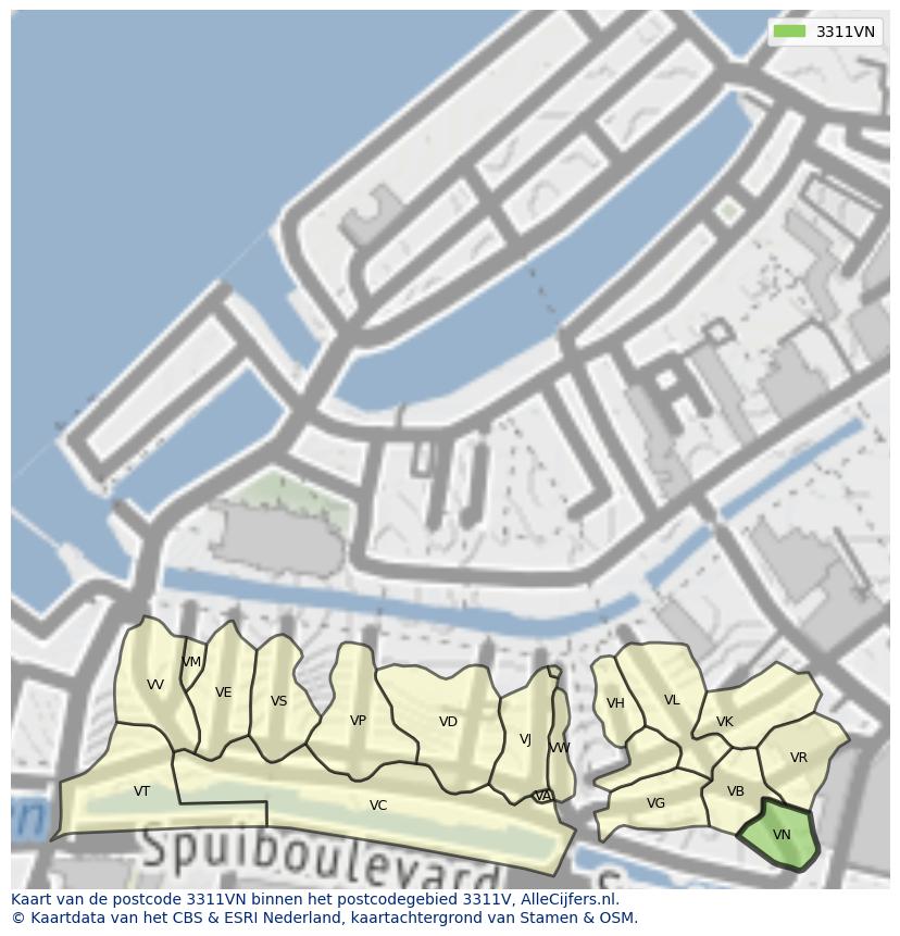 Afbeelding van het postcodegebied 3311 VN op de kaart.
