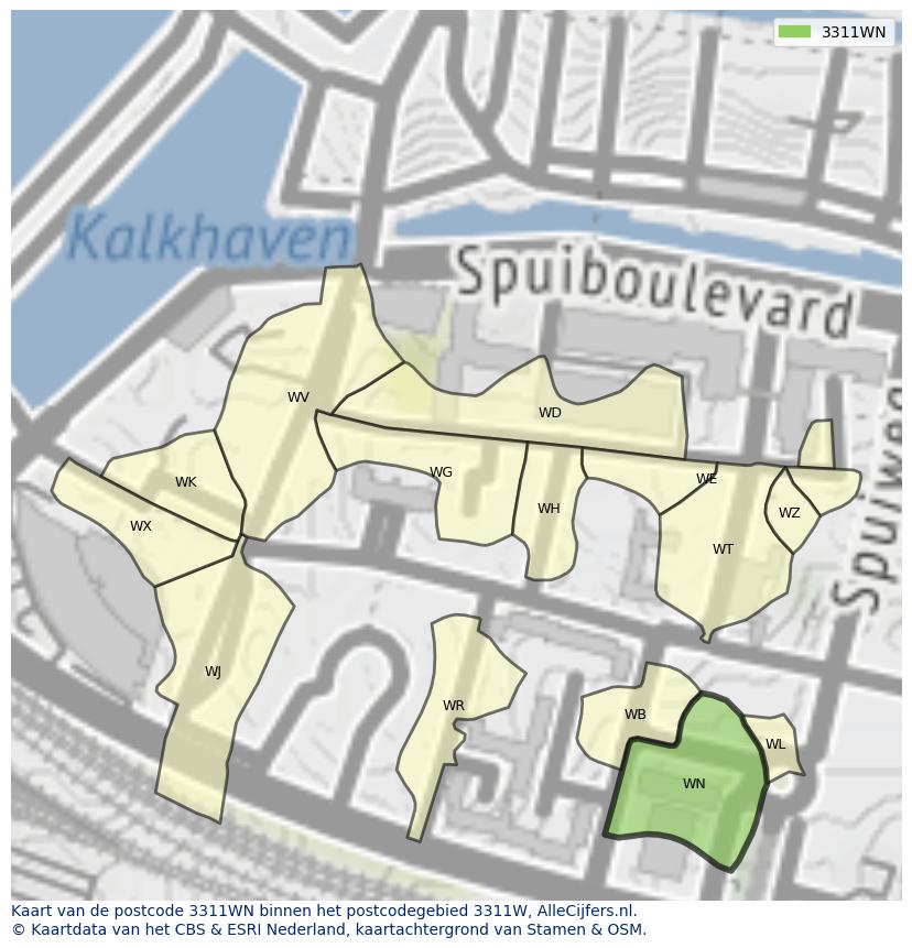 Afbeelding van het postcodegebied 3311 WN op de kaart.