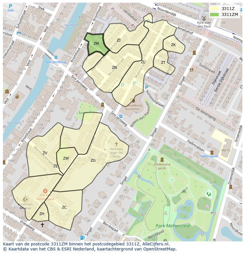 Afbeelding van het postcodegebied 3311 ZM op de kaart.