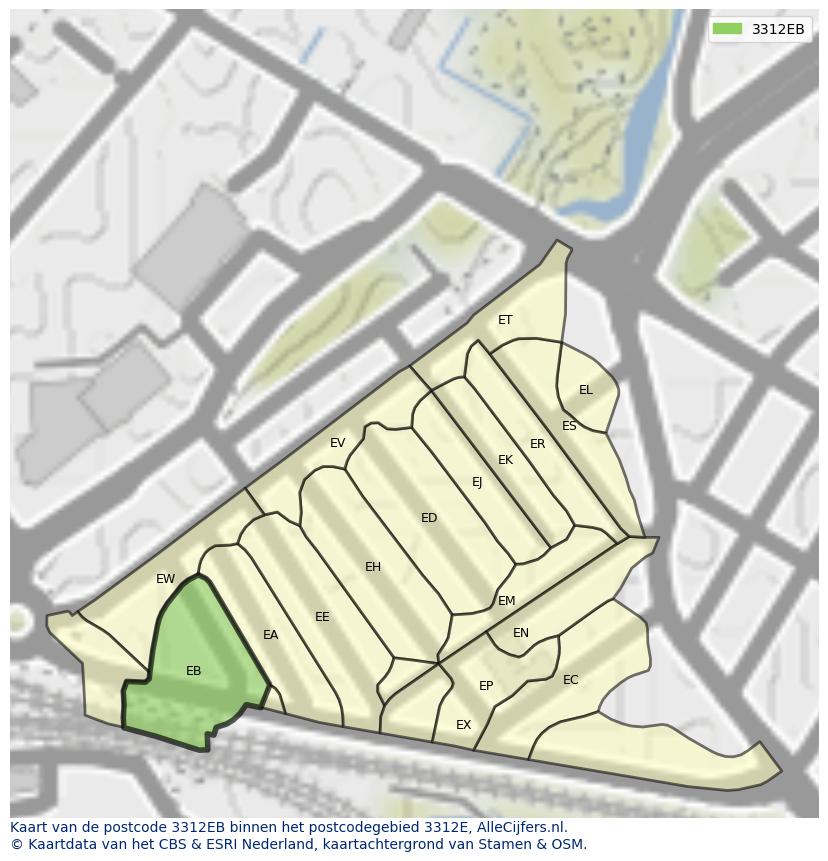 Afbeelding van het postcodegebied 3312 EB op de kaart.