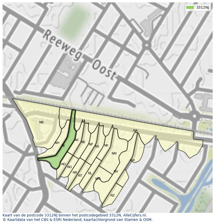 Afbeelding van het postcodegebied 3312 NJ op de kaart.