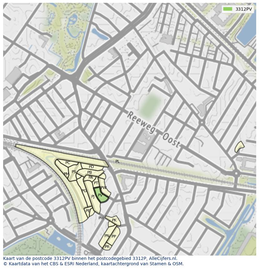 Afbeelding van het postcodegebied 3312 PV op de kaart.