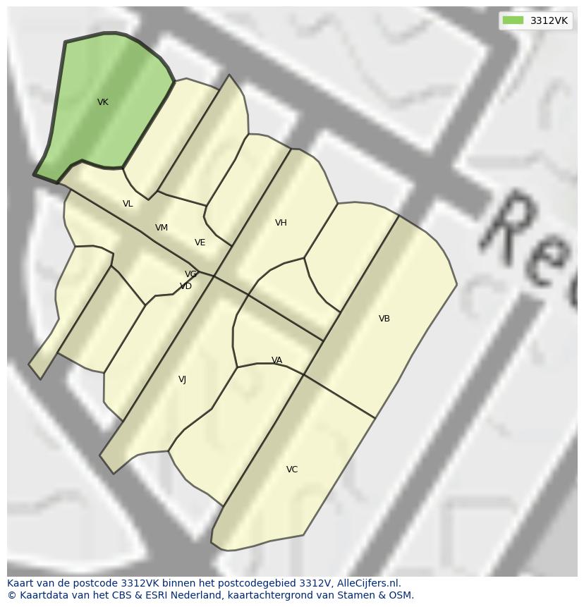 Afbeelding van het postcodegebied 3312 VK op de kaart.