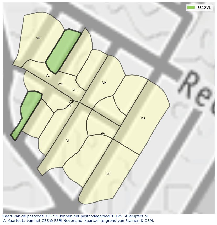 Afbeelding van het postcodegebied 3312 VL op de kaart.