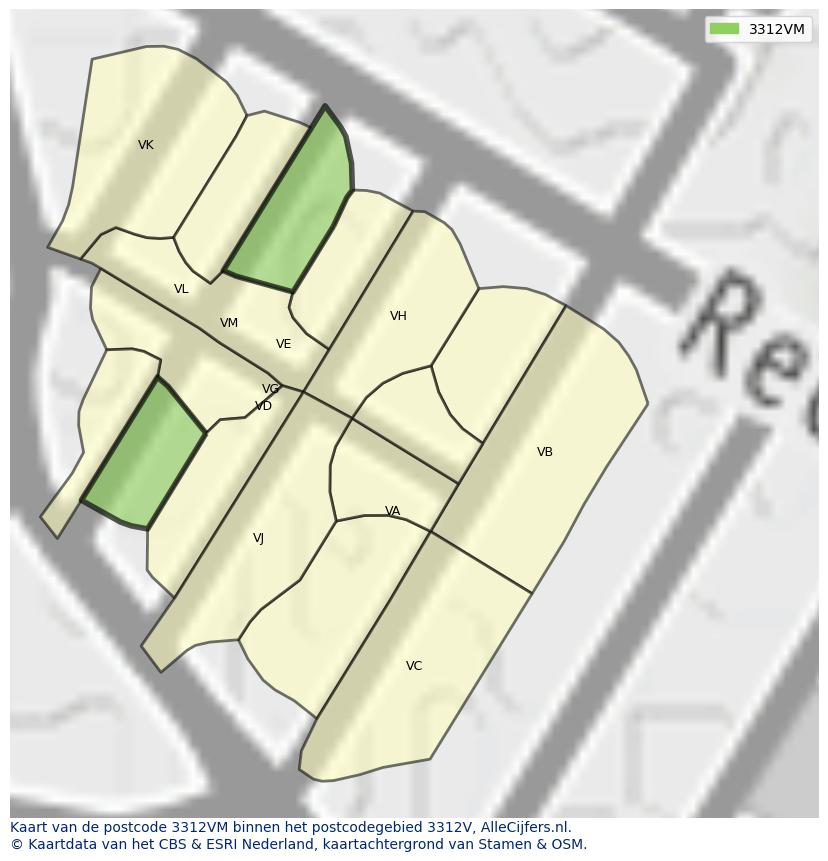 Afbeelding van het postcodegebied 3312 VM op de kaart.