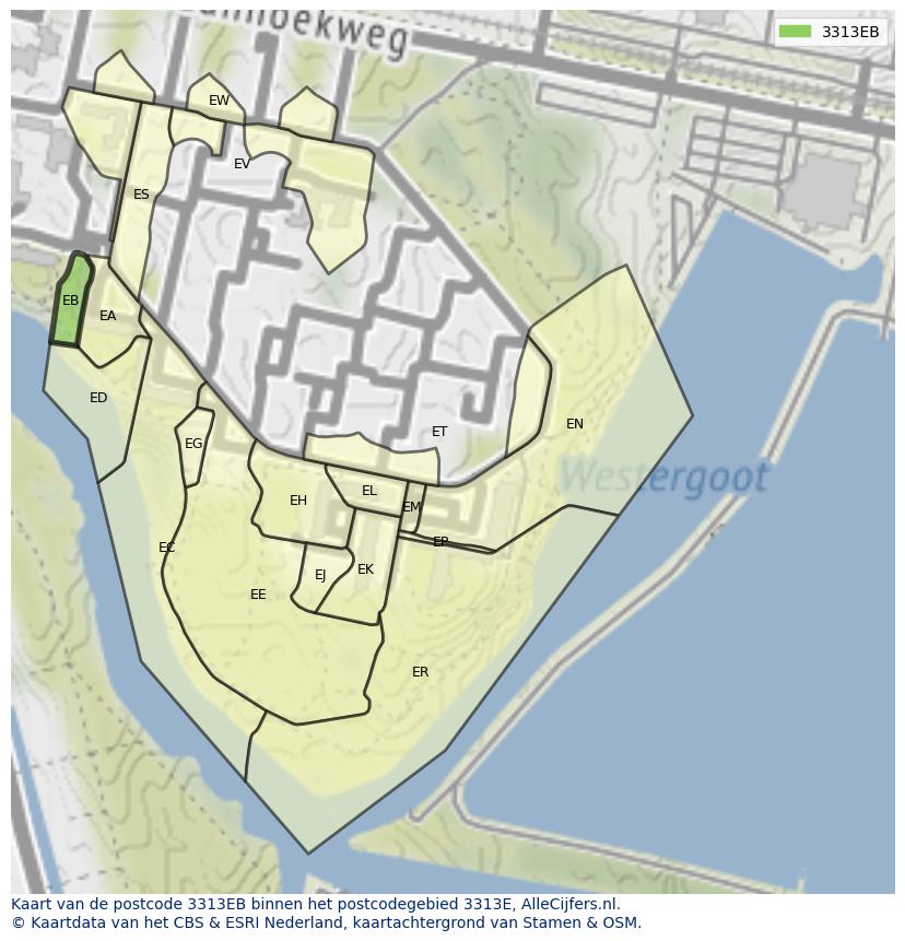 Afbeelding van het postcodegebied 3313 EB op de kaart.