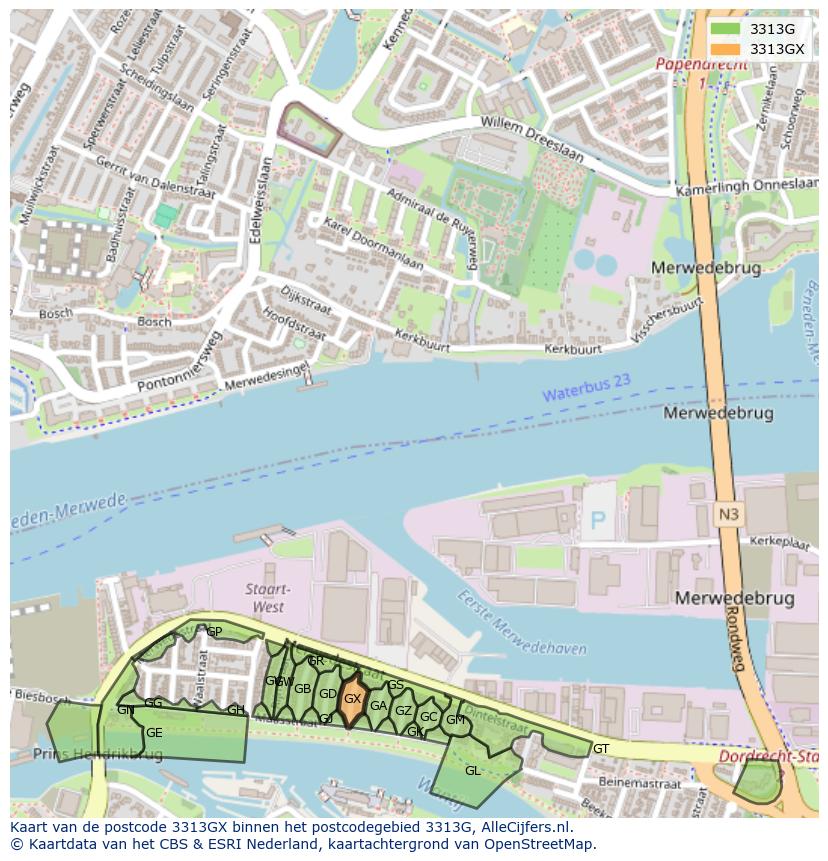 Afbeelding van het postcodegebied 3313 GX op de kaart.