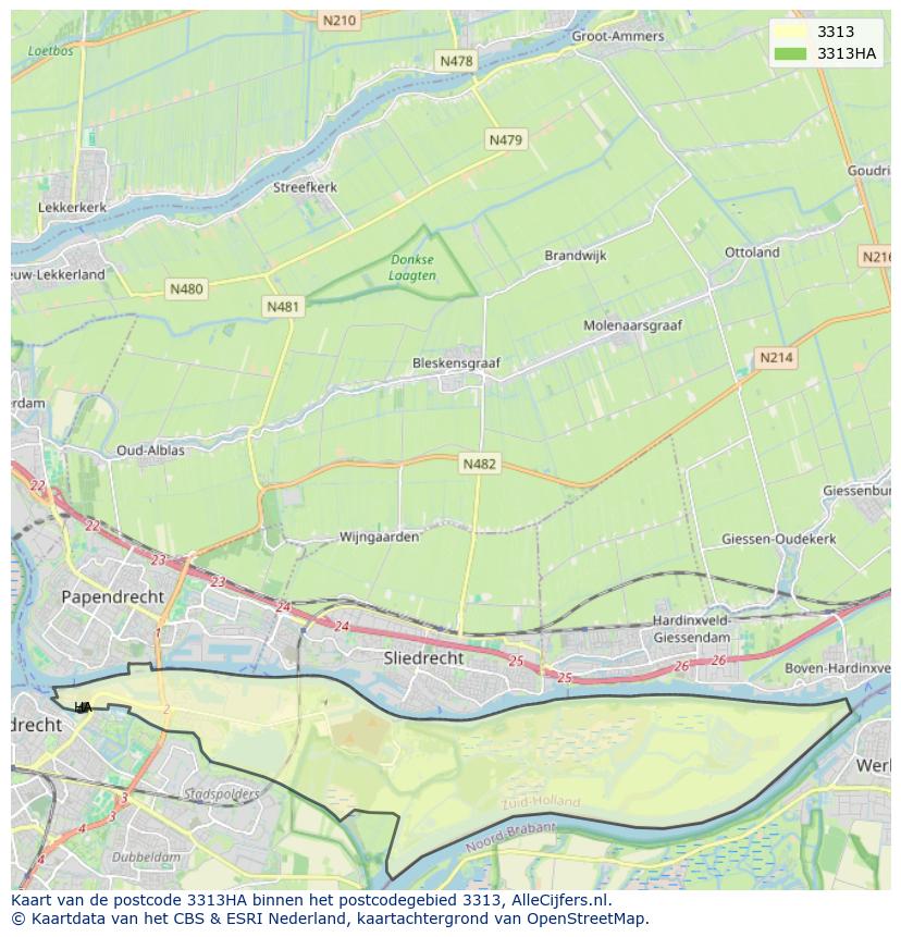 Afbeelding van het postcodegebied 3313 HA op de kaart.
