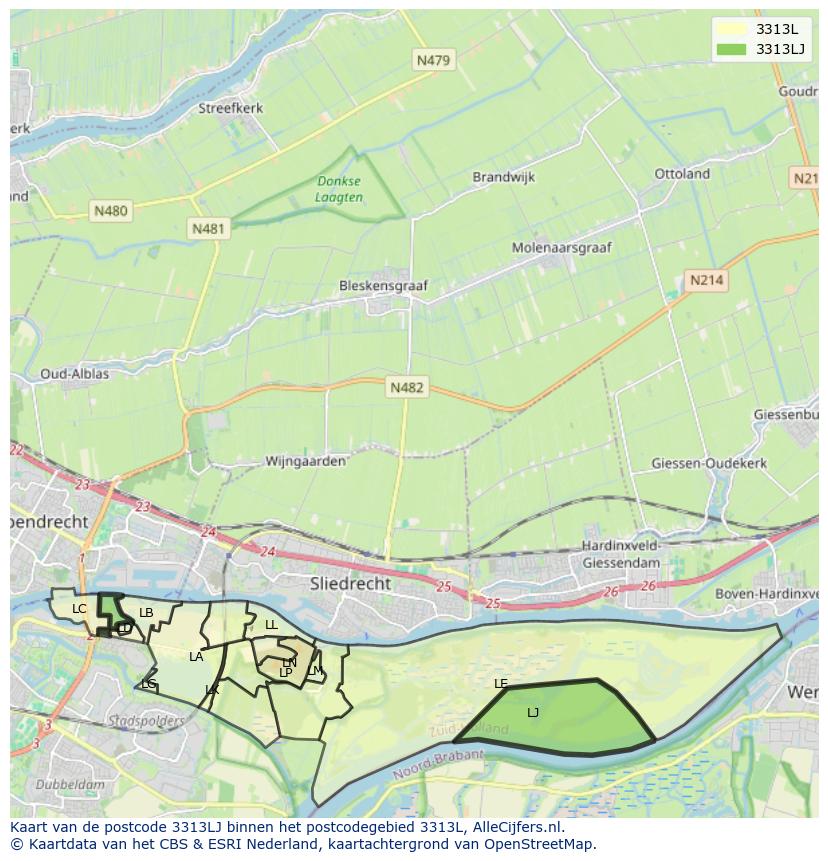 Afbeelding van het postcodegebied 3313 LJ op de kaart.