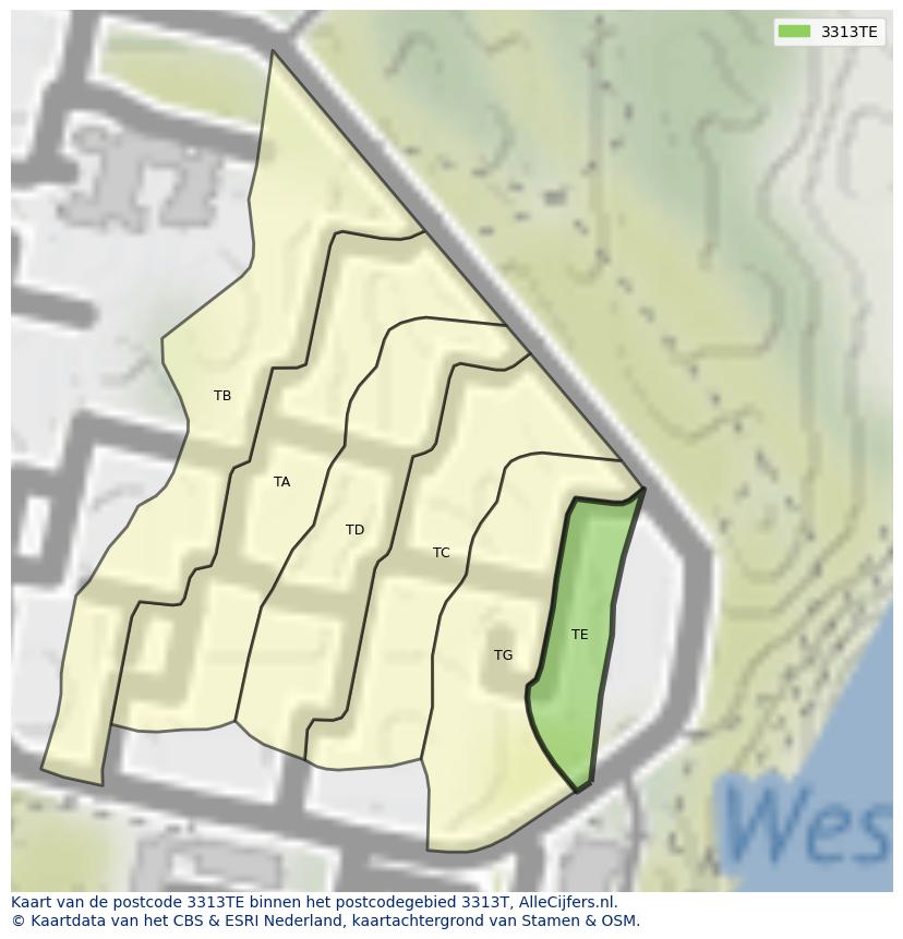Afbeelding van het postcodegebied 3313 TE op de kaart.