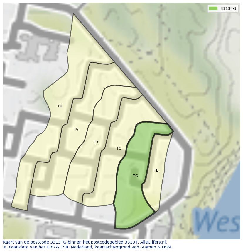 Afbeelding van het postcodegebied 3313 TG op de kaart.